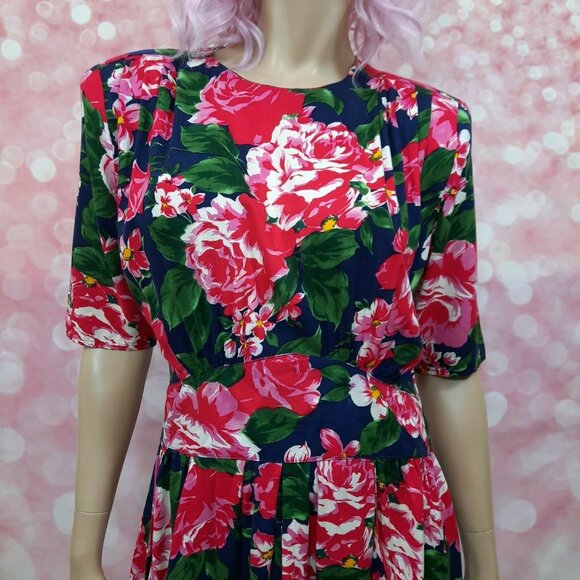 Vintage 80s Floral Rose Dress Size M With Pockets Caroline Wells Pink Blue Midi - Picture 2 of 12